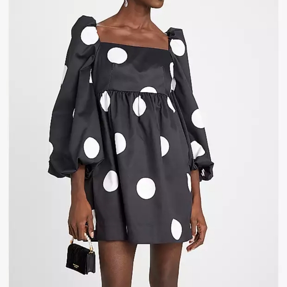 kate spade Dresses & Skirts - Kate Spade NWT KA409 Black Faille Giant Dot Dress Empire Waist Puff Sleeves Sz 8